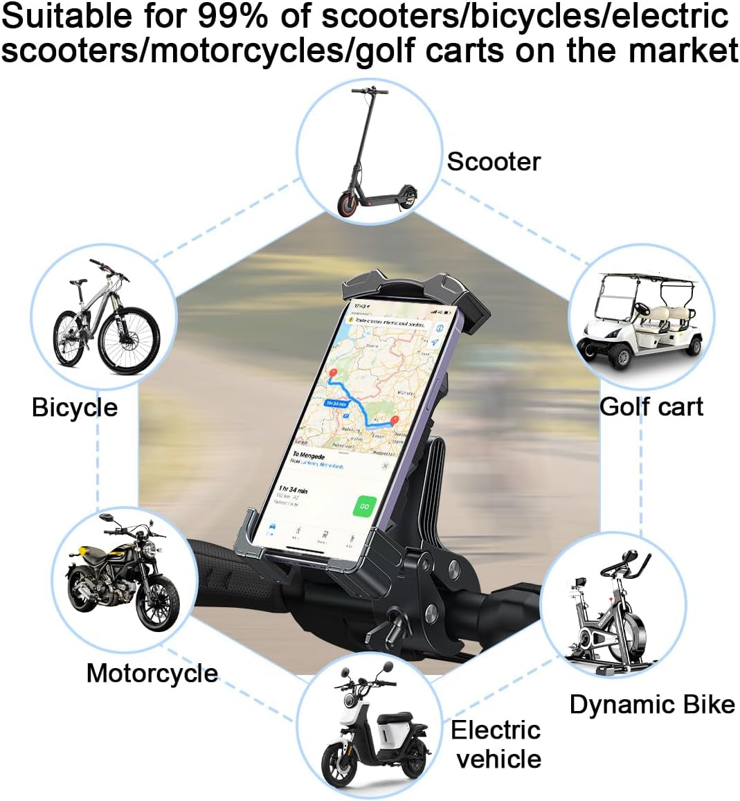 Motorcycle Phone Mount, Anti-Shake Bicycle Handlebar Cell Phone Holder with Secure Lock, Adjustable Motorbike Smartphone Bracket Accessories, Universal for Scooter ATV Motorcycle