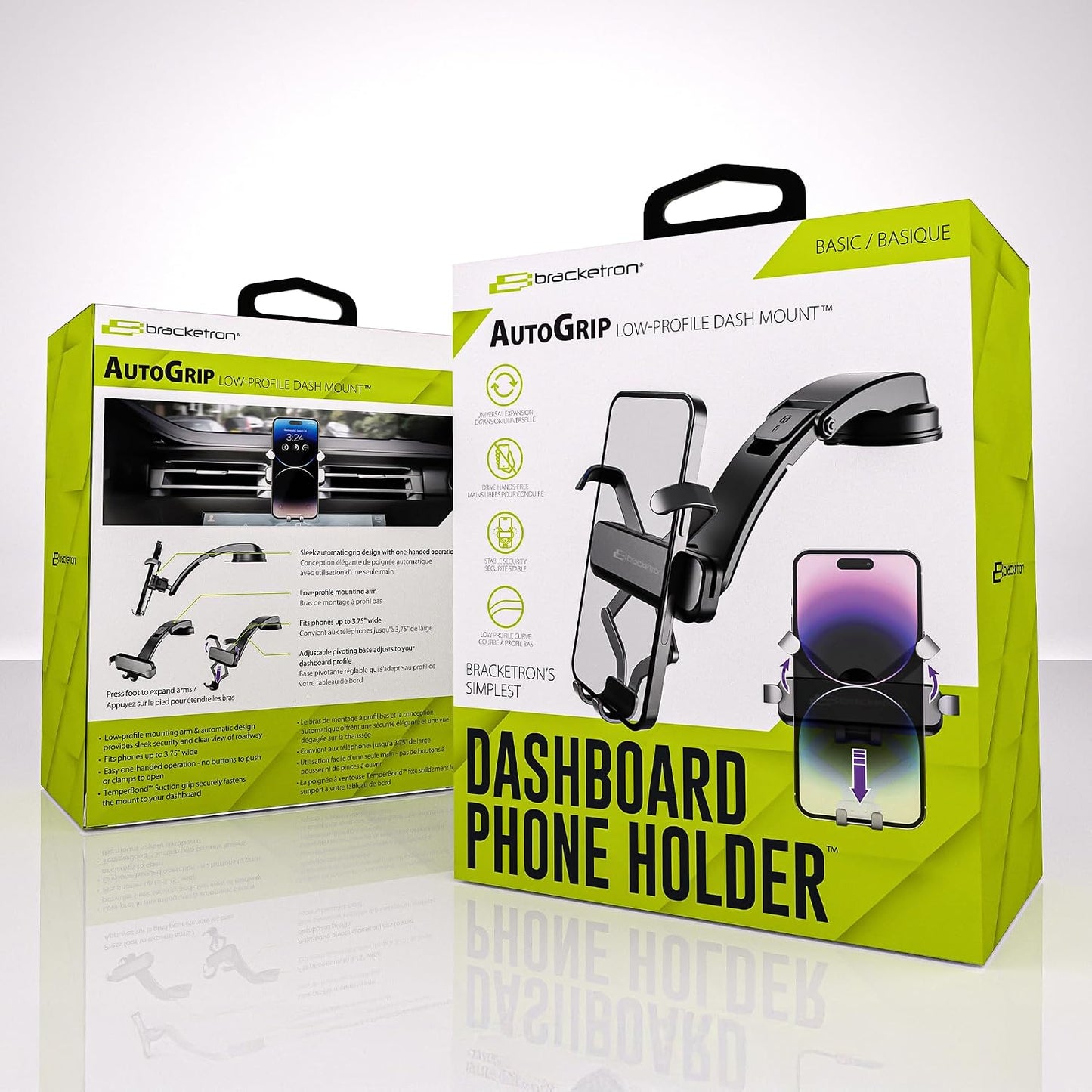 Autogrip Low-Profile Dash Mount- Phone Mount for Car with Temperbond Suction, One-Handed Operation Universal Cell Phone Holder Car Dashboard, Clear View Design
