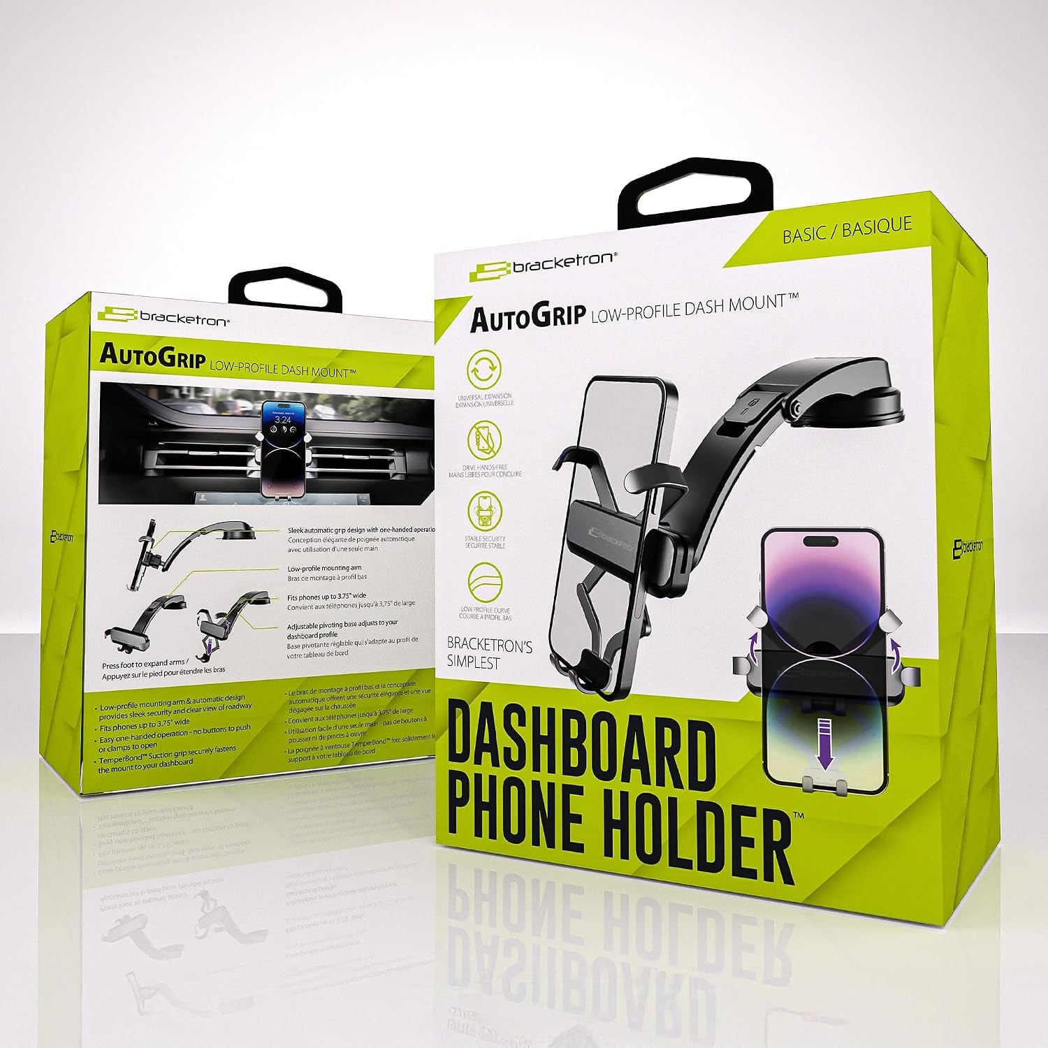 Autogrip Low-Profile Dash Mount- Phone Mount for Car with Temperbond Suction, One-Handed Operation Universal Cell Phone Holder Car Dashboard, Clear View Design
