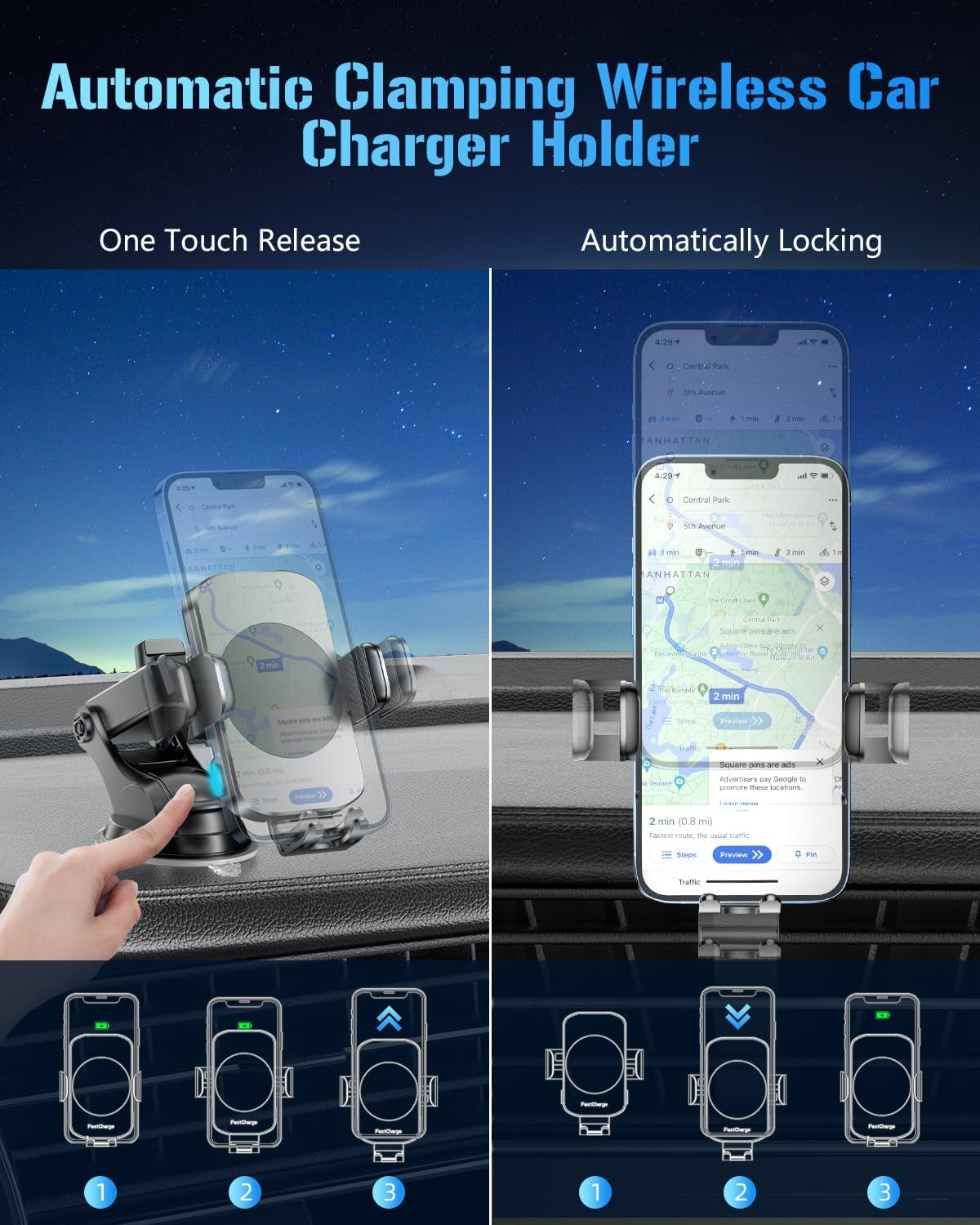 3-In-1 Wireless Car Charger Mount, 15W Fast Charging Auto-Clamping Phone Holder for Iphone 17 16 15 14, Samsung Galaxy S24 S23, Dashboard, Vent & Windshield Car Mount(Space Grey)