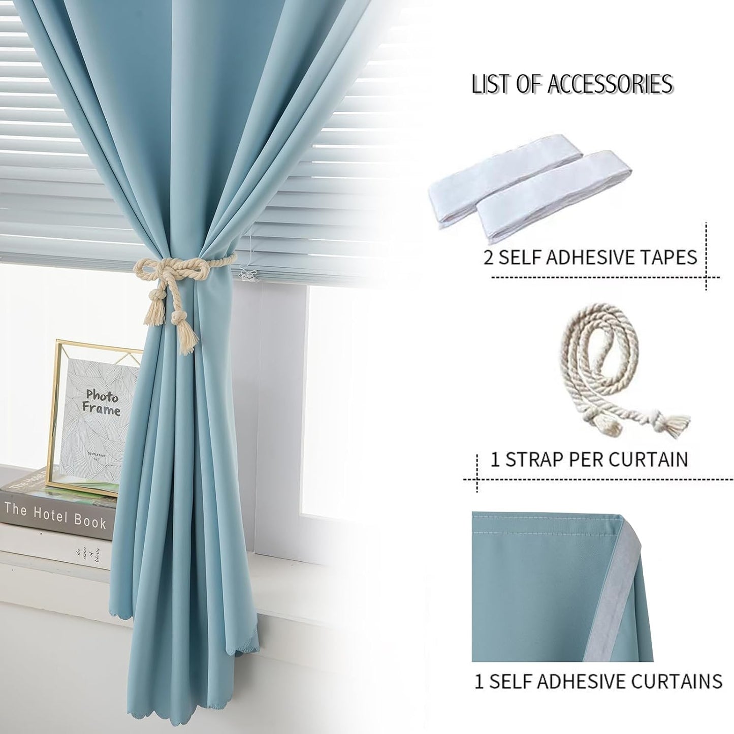 Self Adhesive Curtains, Portable Blackout Curtains Fabric Curtains for Living Room No Drilling, 47" W X 96" L, Lake Blue, 1 Panel