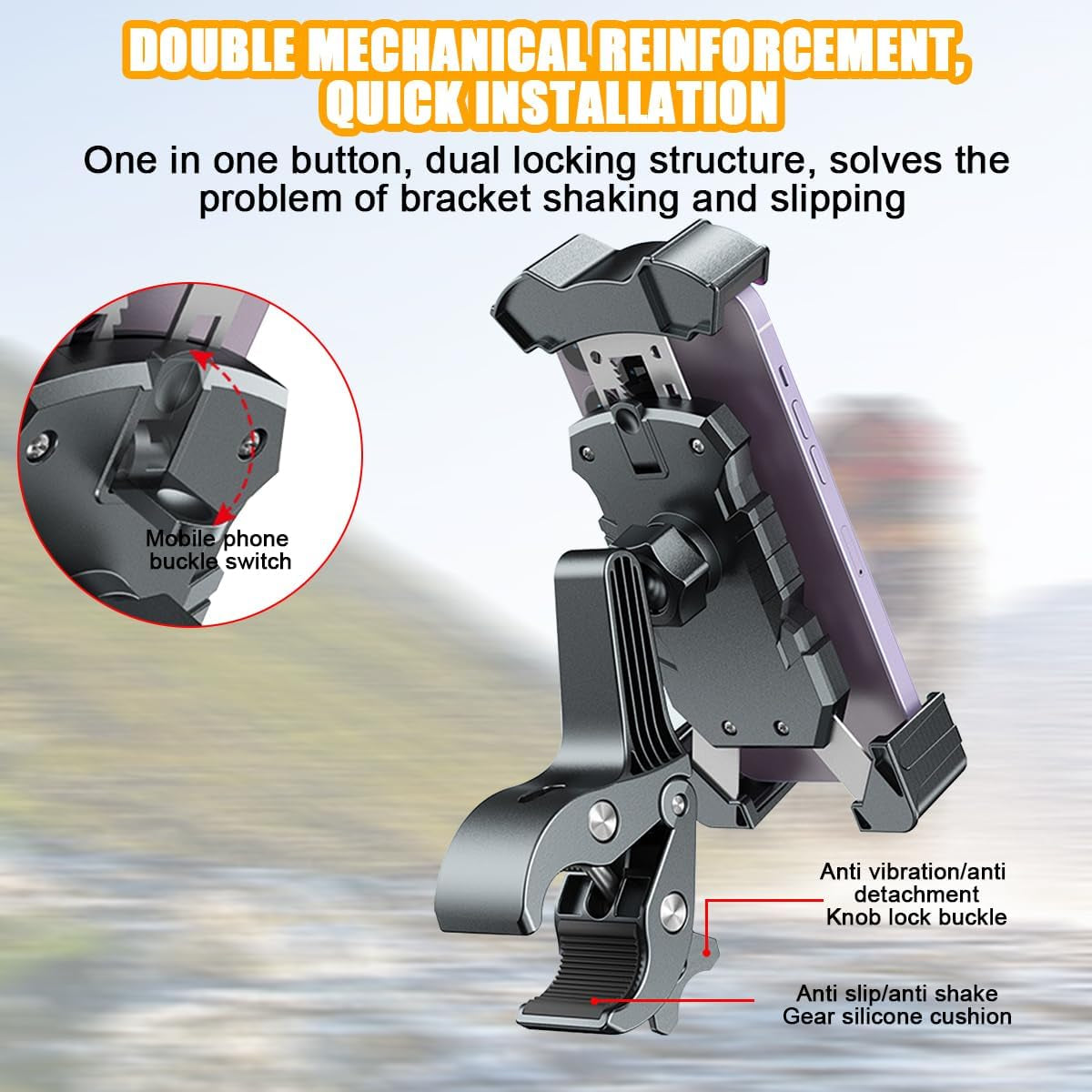 Motorcycle Phone Mount, Anti-Shake Bicycle Handlebar Cell Phone Holder with Secure Lock, Adjustable Motorbike Smartphone Bracket Accessories, Universal for Scooter ATV Motorcycle