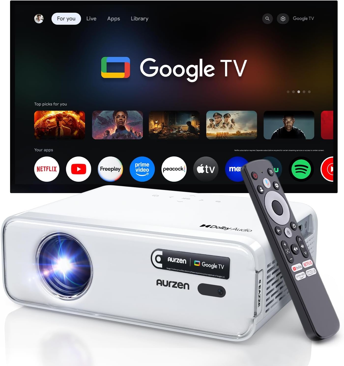 EAZZE D1G 4K Supported Google TV Smart Projector with Wifi & Bluetooth, Auto Focus & Keystone, Dolby Audio, Zoom, Movie, Portable Mini Projector for Home & Outdoor Use